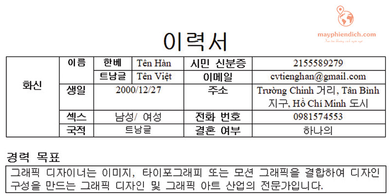 Viết thông tin cá nhân CV tiếng Hàn mẫu