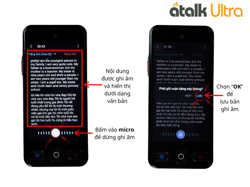 Cách Lưu Bản Dịch Ghi Âm Trên Máy Dịch Cuộc Gọi ATalk Ultra 