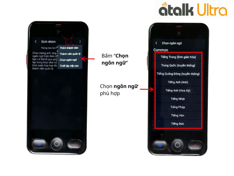 Cách Thiết Lập Ngôn Ngữ Cho Tính Năng Dịch Nhóm Trên Máy Phiên Dịch ATalk Ultra    