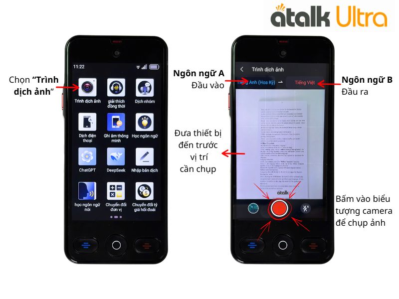 Cách Thiết Lập Ngôn Ngữ Và Chụp Ảnh Trên Máy Phiên Dịch Trực Tiếp ATalk Ultra  