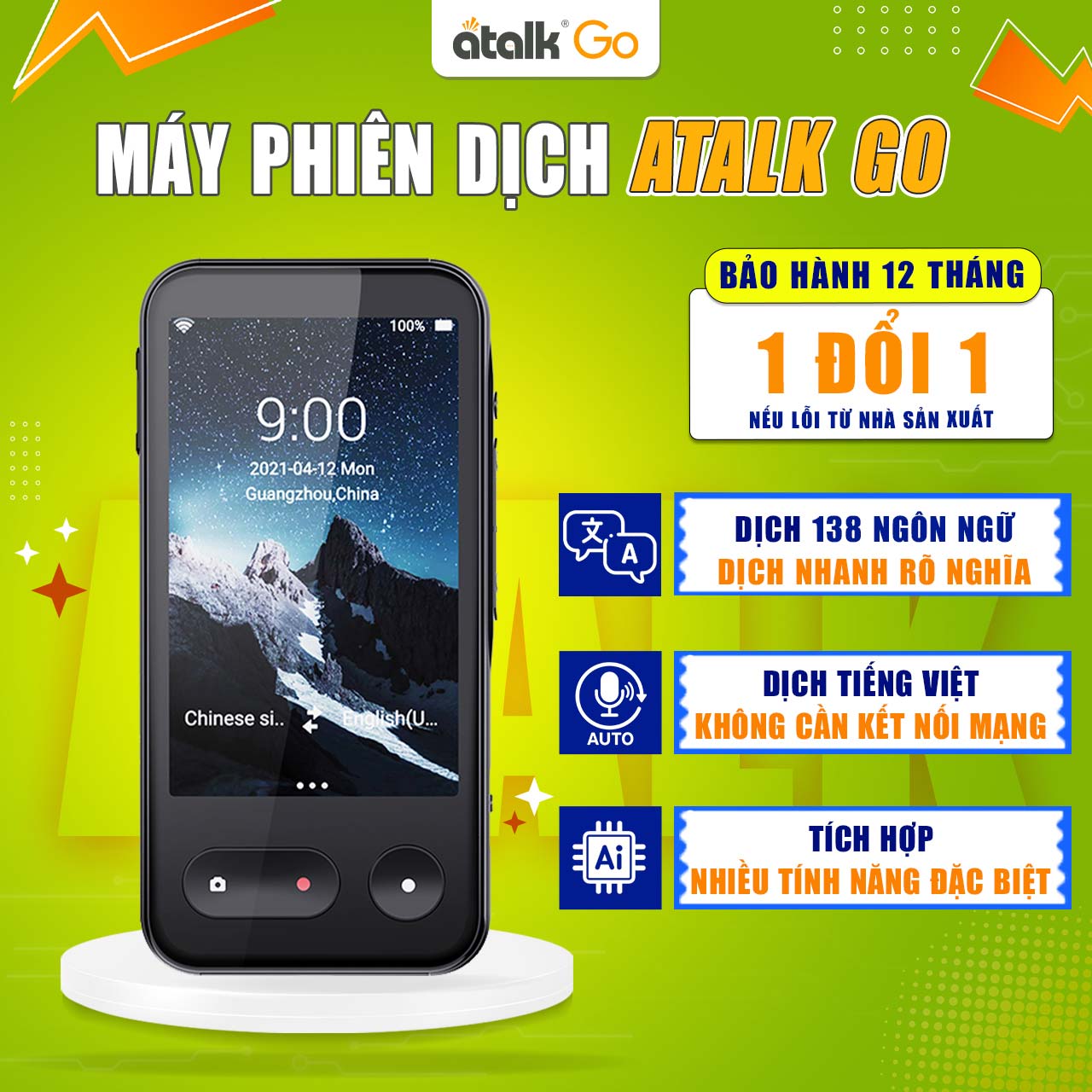 Máy thông dịch Atalk Go - Thương hiệu Việt Nam - Dịch 138 Ngôn ngữ - Kết nối VSIM