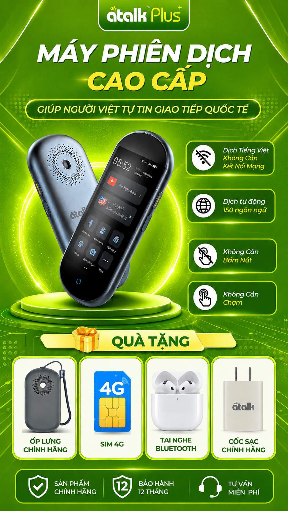 ATalk Plus+ Tự Động Nhận Diện Giọng Nói - Tự Động Dịch - Không Cần Bấm Nút