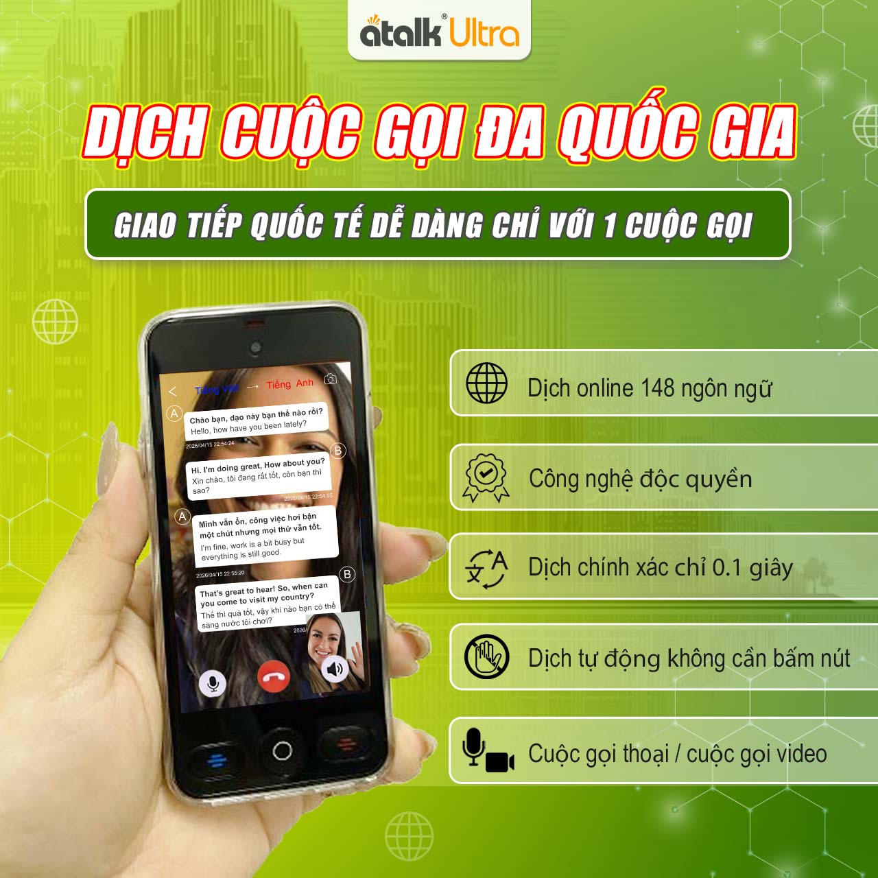 ATalk Ultra Dịch Cuộc Gọi Theo Thời Gian Thực Xuyên Quốc Gia Không Gián Đoạn