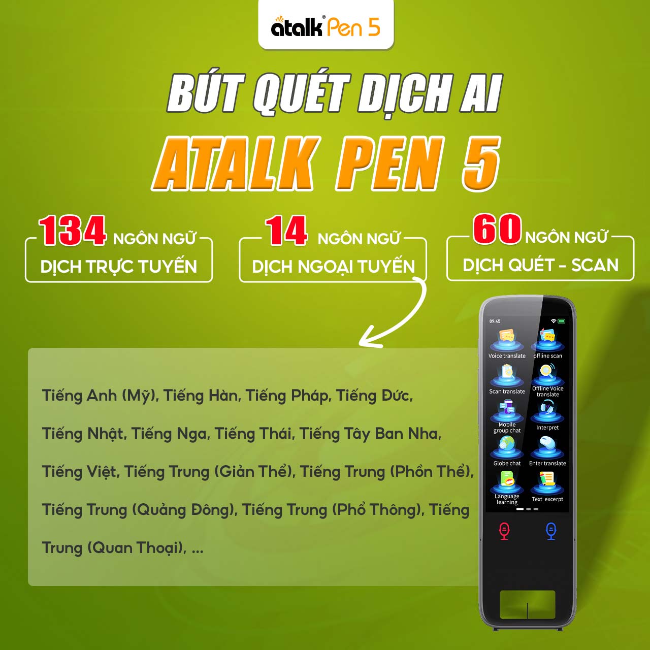 Bút Quét Dịch AI ATalk Pen 5 Hỗ Trợ Dịch Đa Ngôn Ngữ