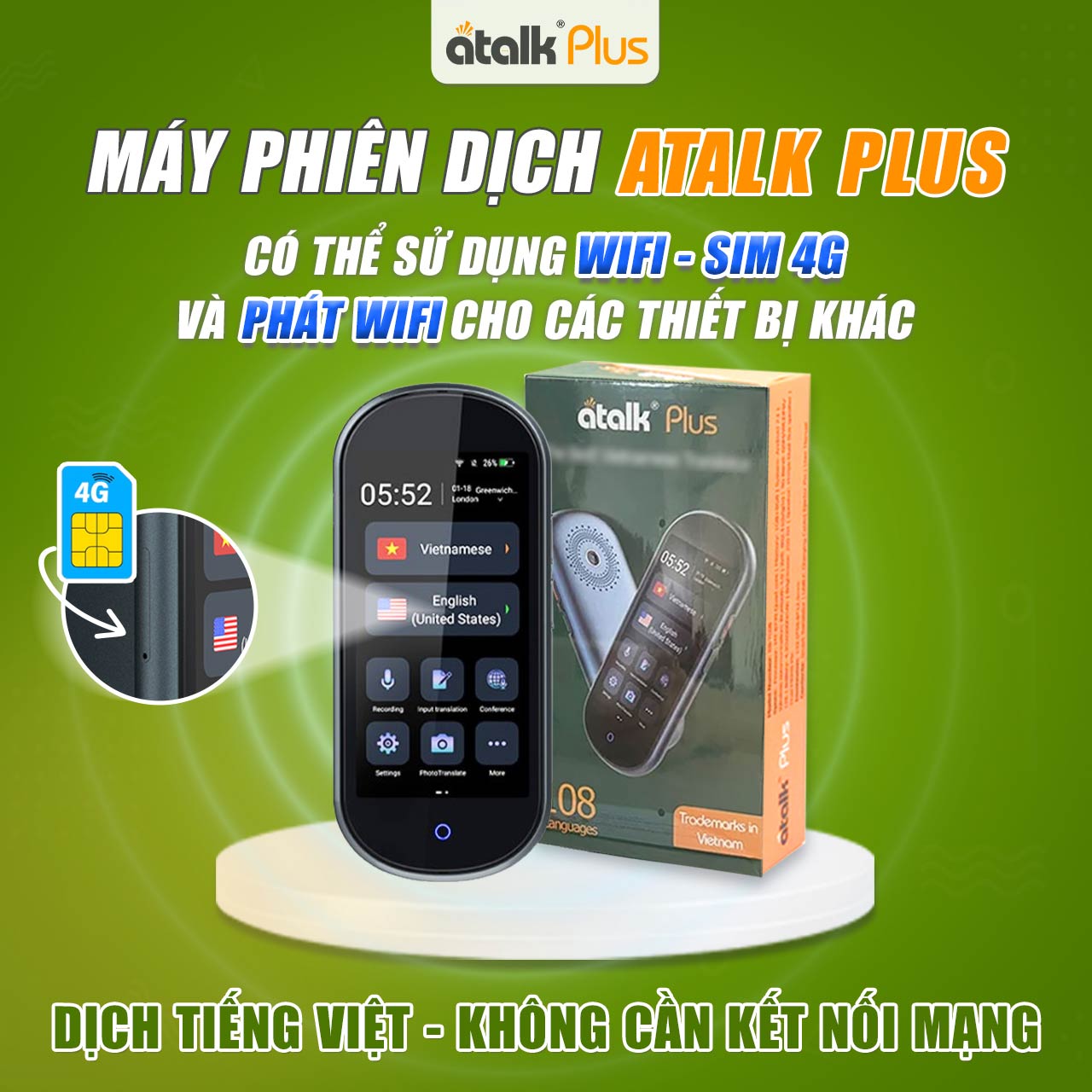 Máy Dịch ATalk Plus Hỗ Trợ Sim 4G