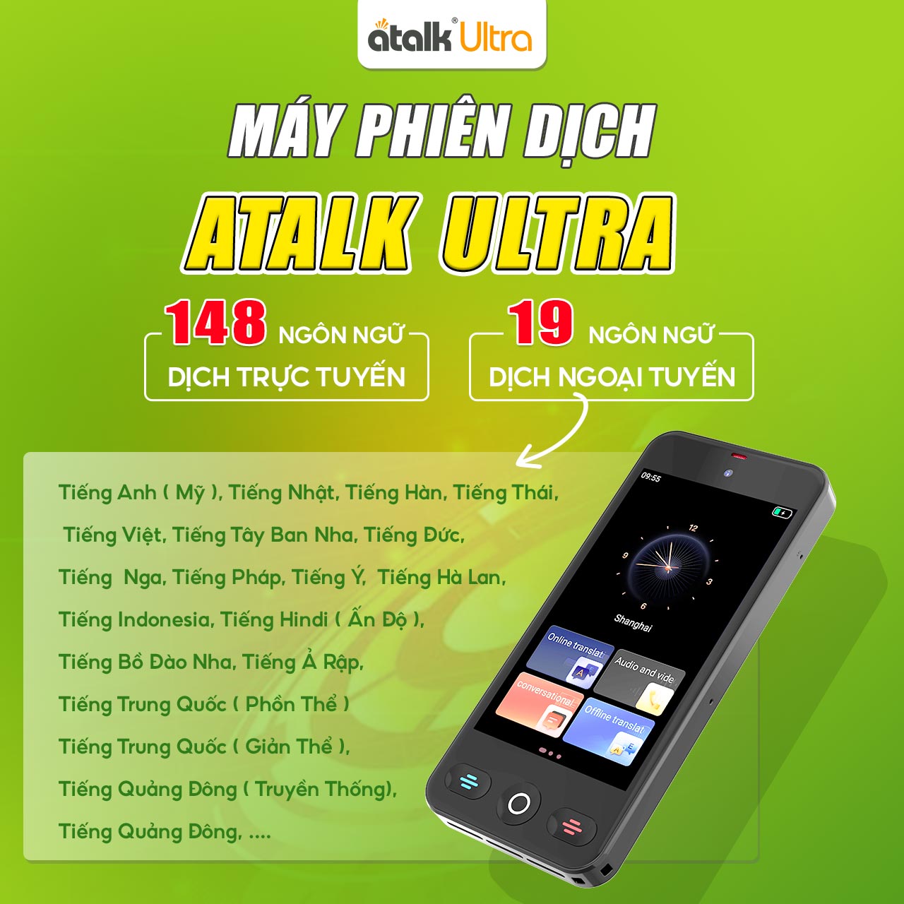 Máy Phiên Dịch ATalk Ultra Hỗ Trợ Phiên Dịch Giọng Nói Trực Tuyến Và Ngoại Tuyến